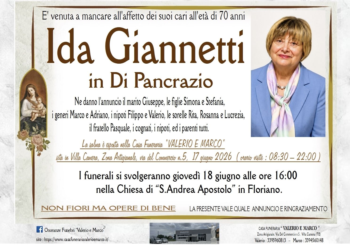 necrologio di Ida Giannetti in Di Pancrazio Casa Funeraria Agenzia Onoranze Funebri Valerio e Marco Teramo Val Vibrata