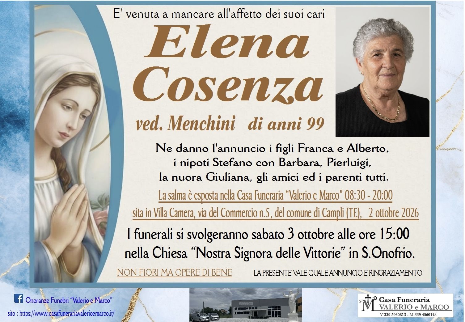 necrologio di Elena Cosenza ved. Menchini Casa Funeraria Agenzia Onoranze Funebri Valerio e Marco Teramo Val Vibrata