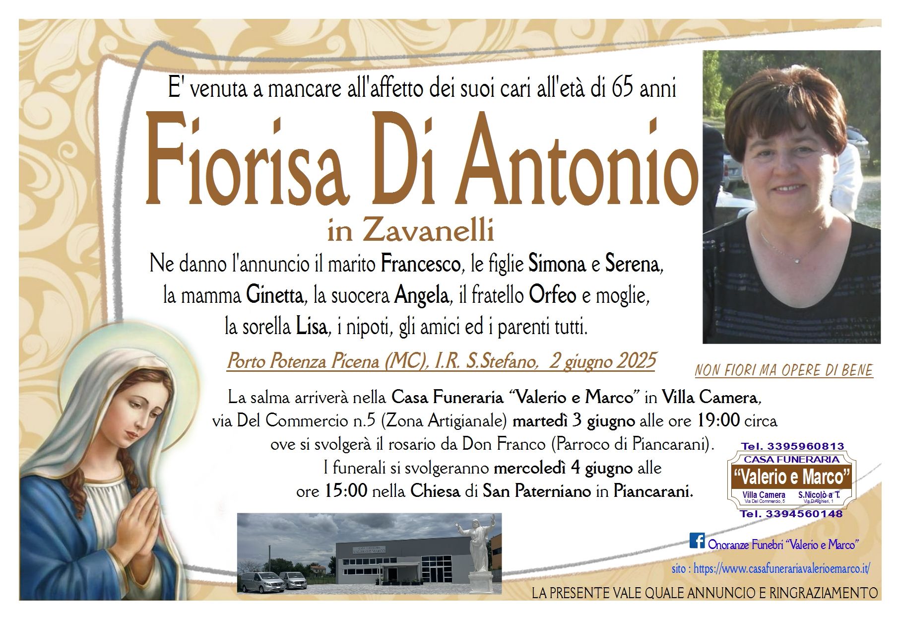 necrologio di Fiorisa Di Antonio in Zavanelli Casa Funeraria Agenzia Onoranze Funebri Valerio e Marco Teramo Val Vibrata
