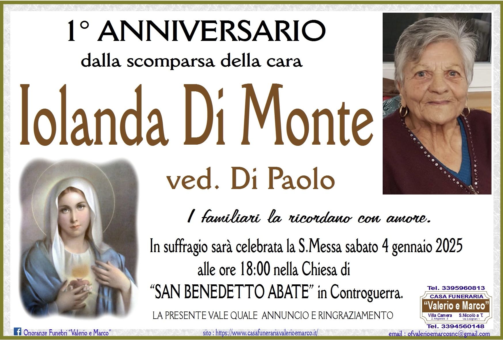 anniversario di Iolanda Di Monte Casa Funeraria Agenzia Onoranze Funebri Valerio e Marco Teramo Val Vibrata