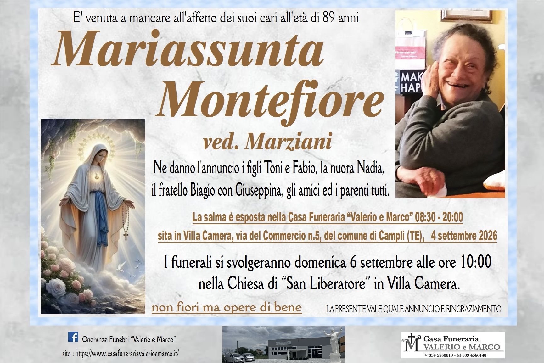 necrologio di Mariassunta Montefiore ved. Marziani Casa Funeraria Agenzia Onoranze Funebri Valerio e Marco Teramo Val Vibrata