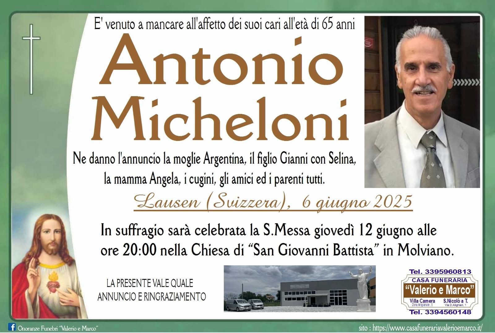 necrologio di Antonio Micheloni Casa Funeraria Agenzia Onoranze Funebri Valerio e Marco Teramo Val Vibrata