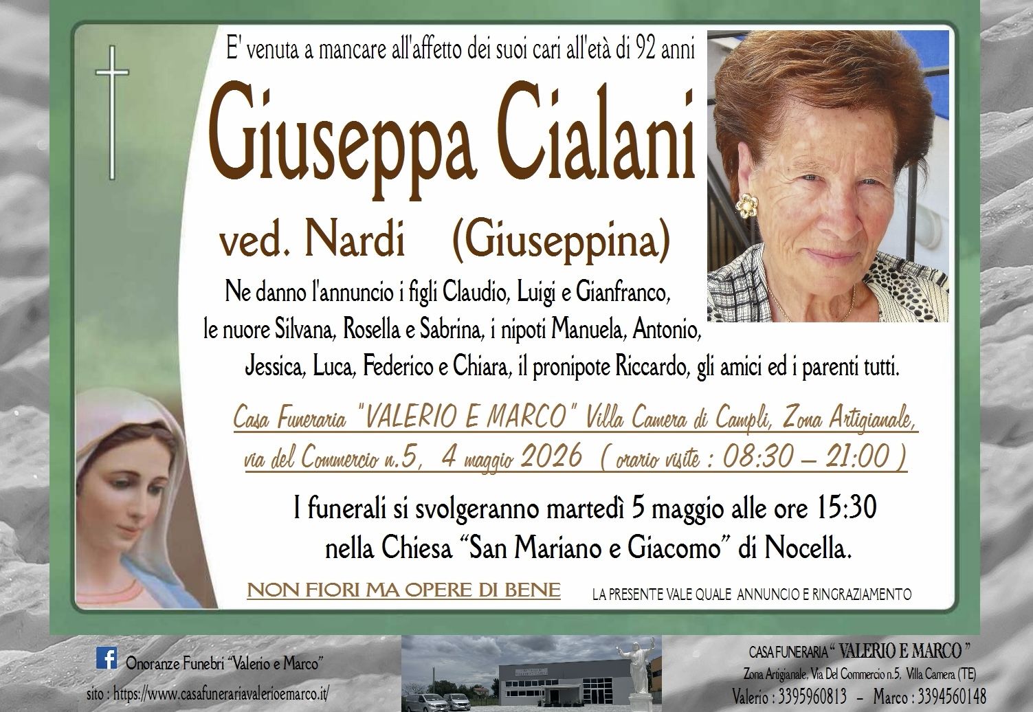 necrologio di Giuseppa Cialani ved. Nardi Casa Funeraria Agenzia Onoranze Funebri Valerio e Marco Teramo Val Vibrata