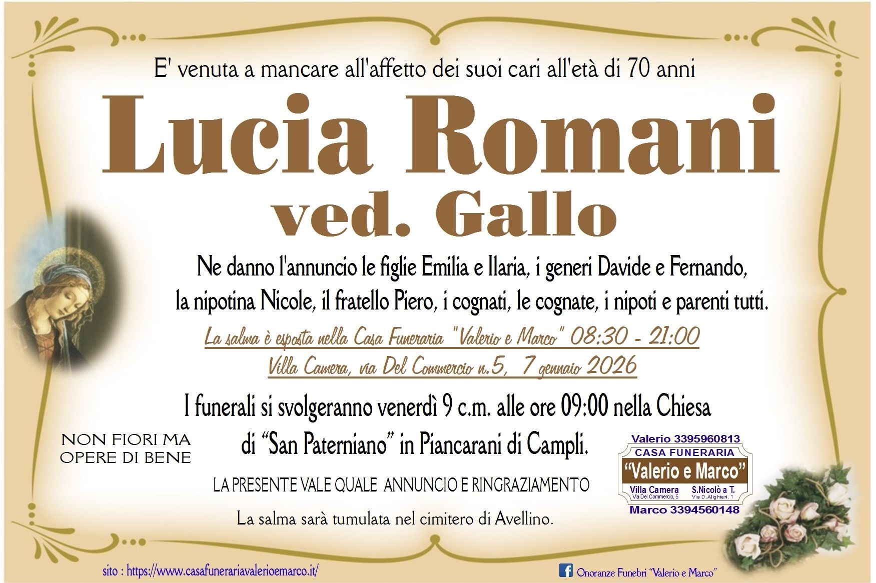 necrologio di Lucia Romani ved. Gallo Casa Funeraria Agenzia Onoranze Funebri Valerio e Marco Teramo Val Vibrata