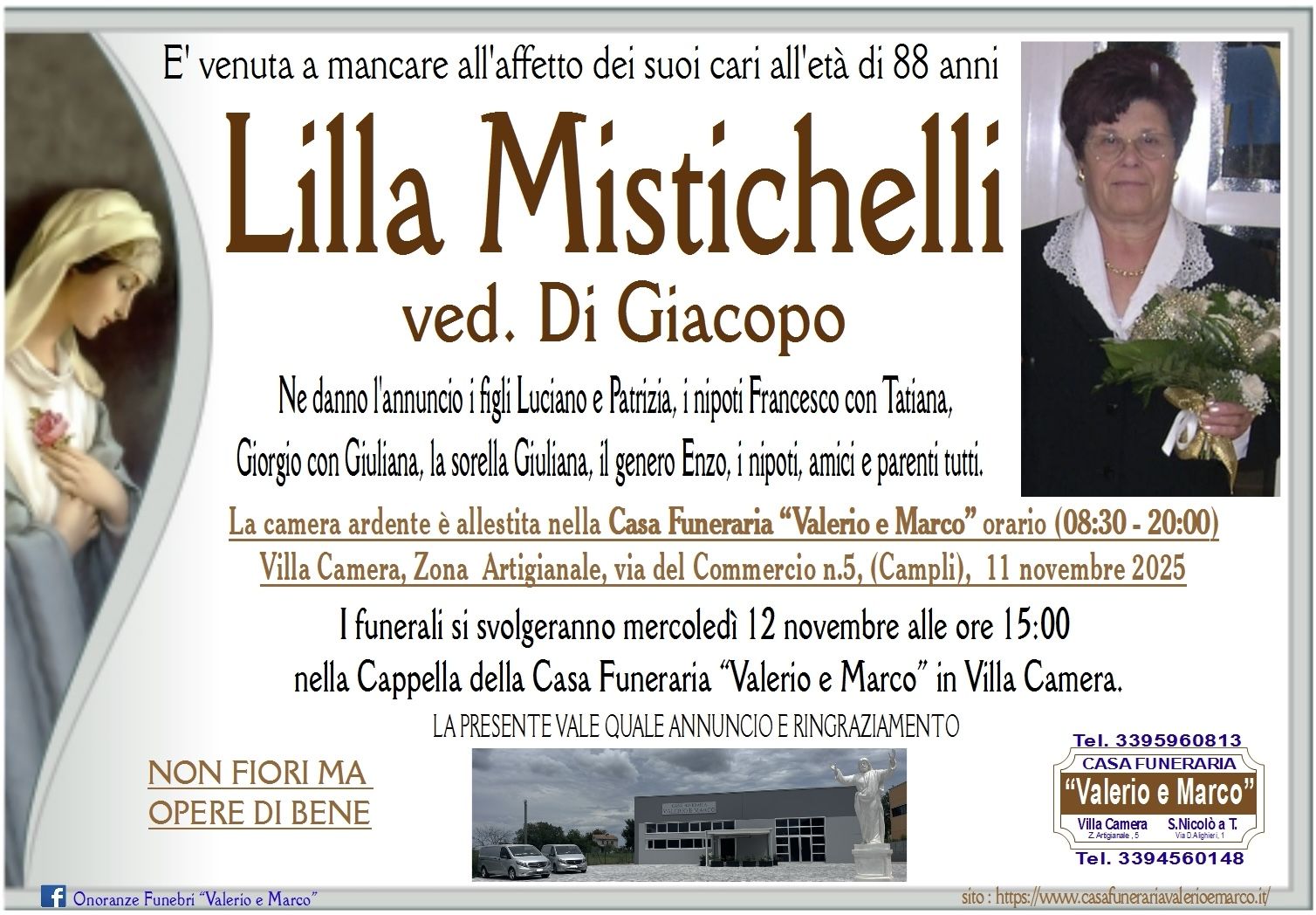 necrologio di Lilla Mistichelli (Lillina) ved. Di Giacopo Casa Funeraria Agenzia Onoranze Funebri Valerio e Marco Teramo Val Vibrata