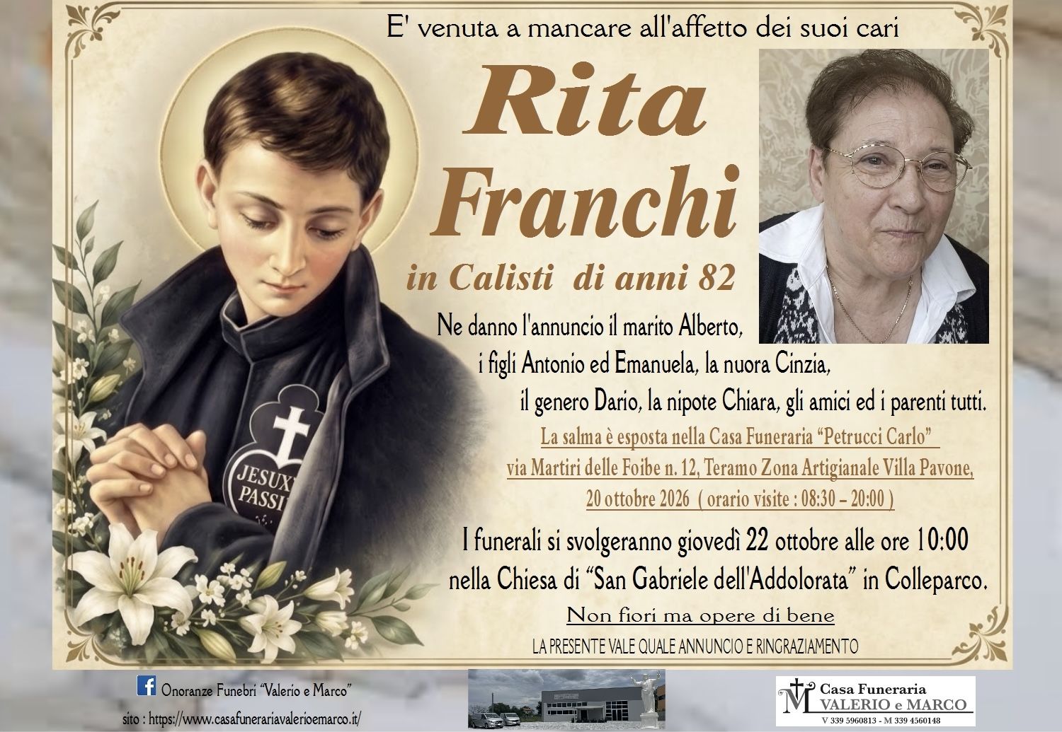 necrologio di Rita Franchi in Calisti Casa Funeraria Agenzia Onoranze Funebri Valerio e Marco Teramo Val Vibrata