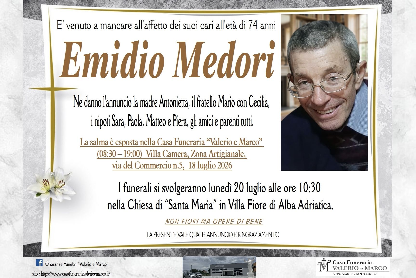 necrologio di Emidio Medori Casa Funeraria Agenzia Onoranze Funebri Valerio e Marco Teramo Val Vibrata