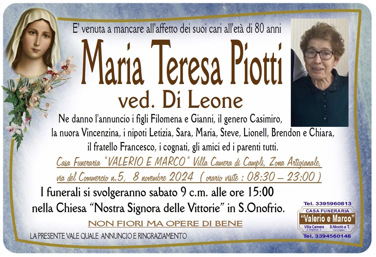 necrologio di Maria Teresa Piotti ved. Leone Casa Funeraria Agenzia Onoranze Funebri Valerio e Marco Teramo Val Vibrata