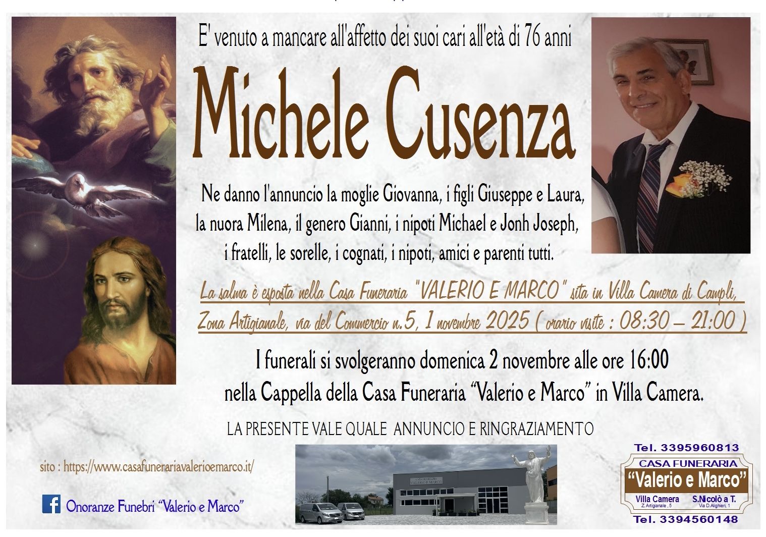 necrologio di Michele Cusenza Casa Funeraria Agenzia Onoranze Funebri Valerio e Marco Teramo Val Vibrata