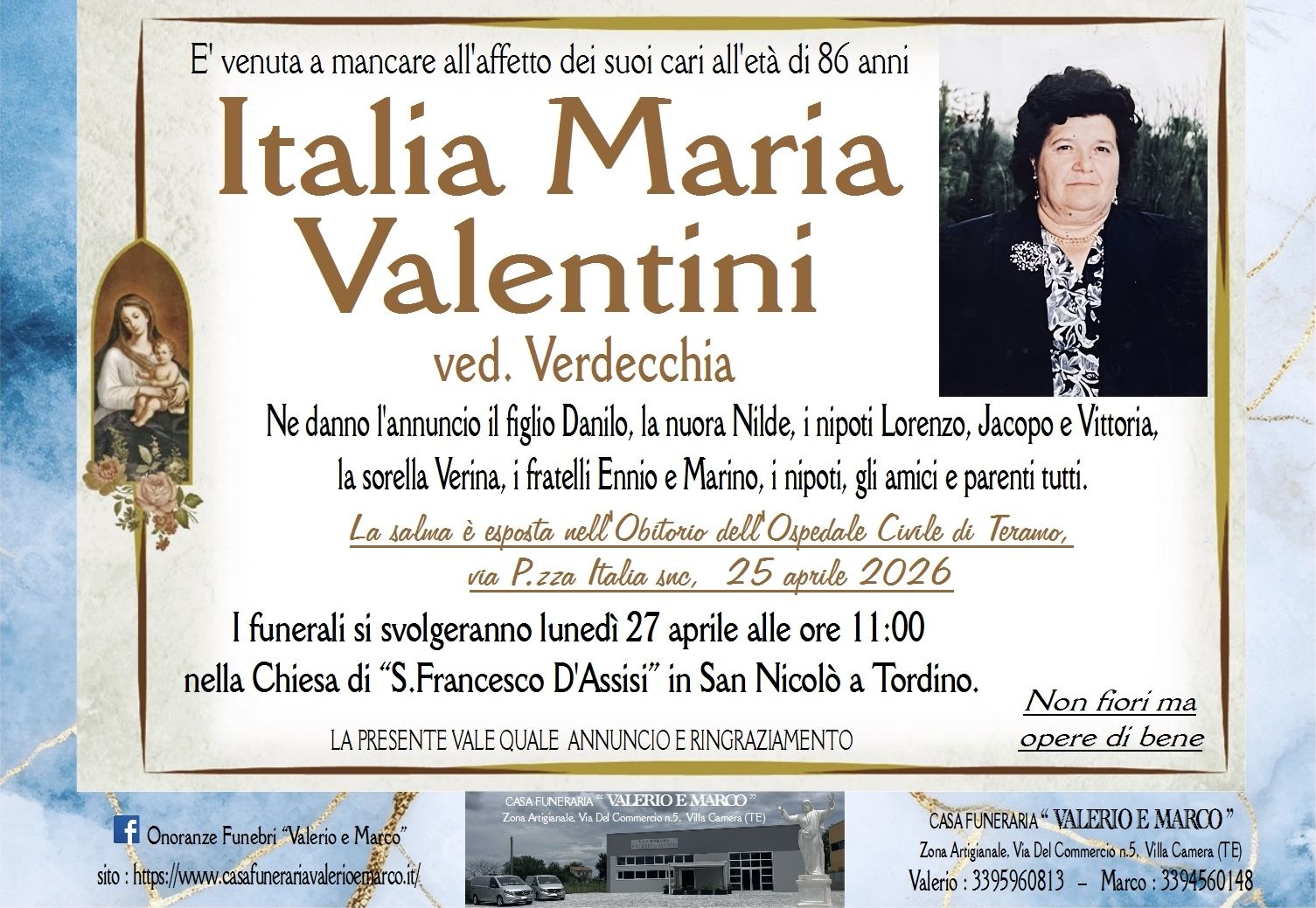 necrologio di Italia Maria Valentini ved. Verdecchia Casa Funeraria Agenzia Onoranze Funebri Valerio e Marco Teramo Val Vibrata