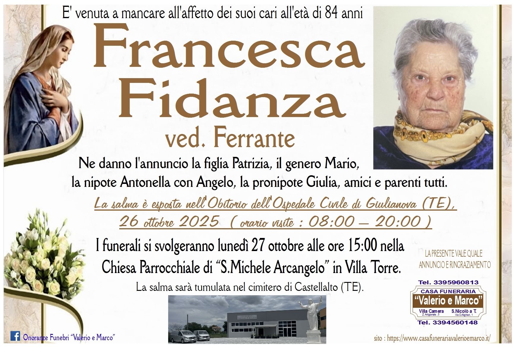 necrologio di Francesca Fidanza Casa Funeraria Agenzia Onoranze Funebri Valerio e Marco Teramo Val Vibrata