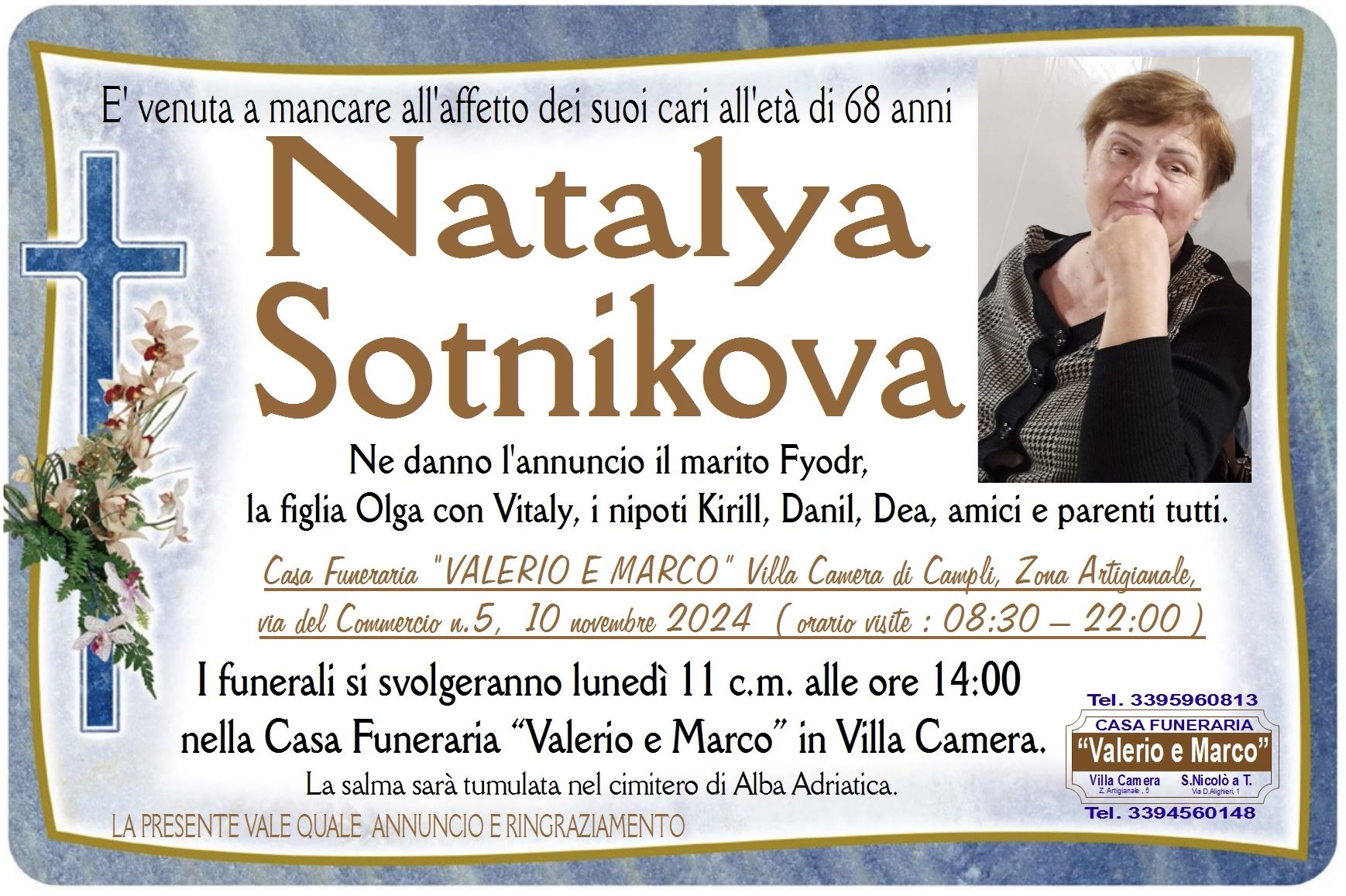 necrologio di Natalya Sotnikova Casa Funeraria Agenzia Onoranze Funebri Valerio e Marco Teramo Val Vibrata