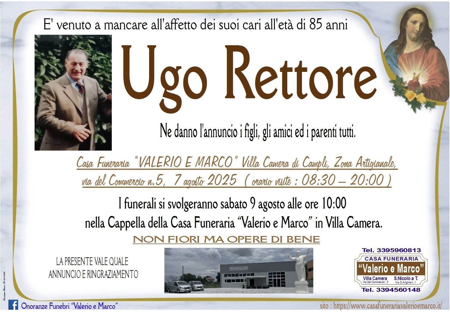 necrologio di Ugo Rettore Casa Funeraria Agenzia Onoranze Funebri Valerio e Marco Teramo Val Vibrata