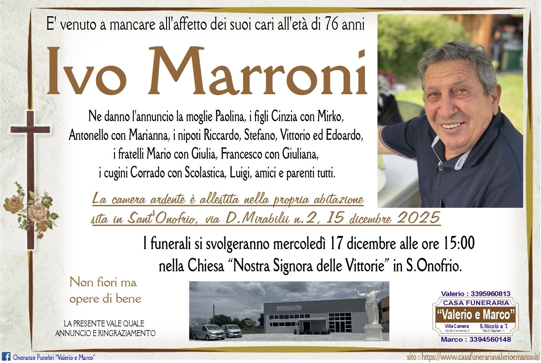 necrologio di Ivo Marroni Casa Funeraria Agenzia Onoranze Funebri Valerio e Marco Teramo Val Vibrata
