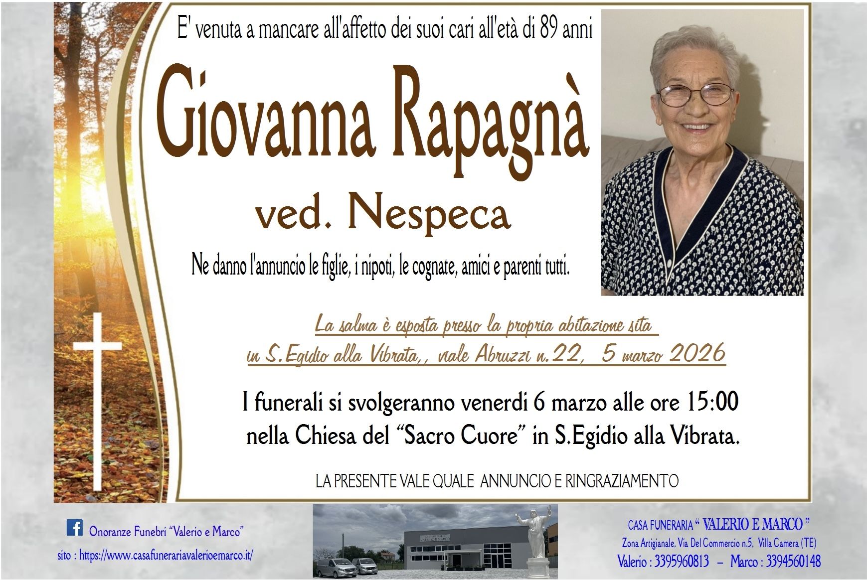 necrologio di Giovanna Rapagnà Casa Funeraria Agenzia Onoranze Funebri Valerio e Marco Teramo Val Vibrata