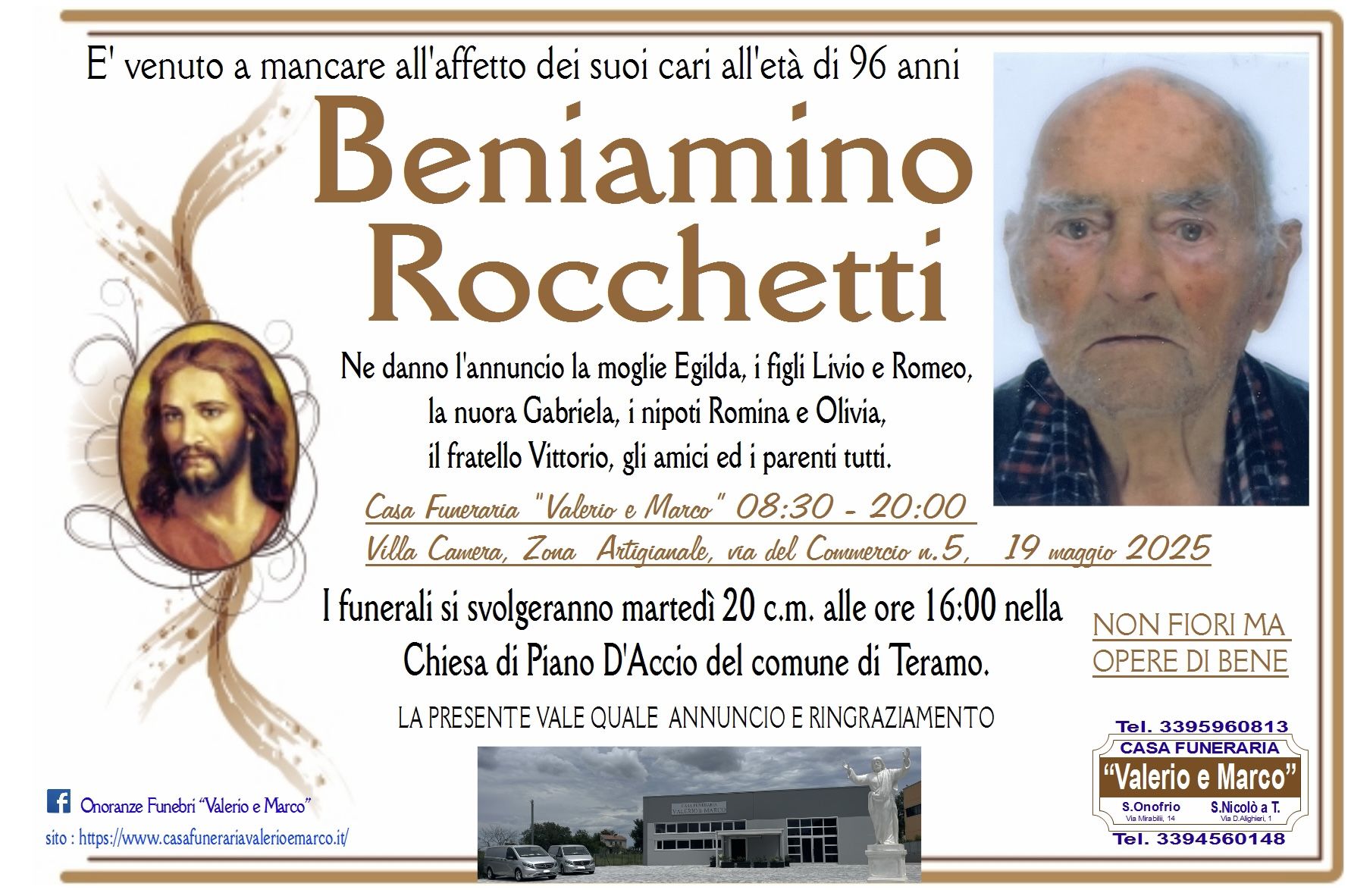 necrologio di Beniamino Rocchetti Casa Funeraria Agenzia Onoranze Funebri Valerio e Marco Teramo Val Vibrata