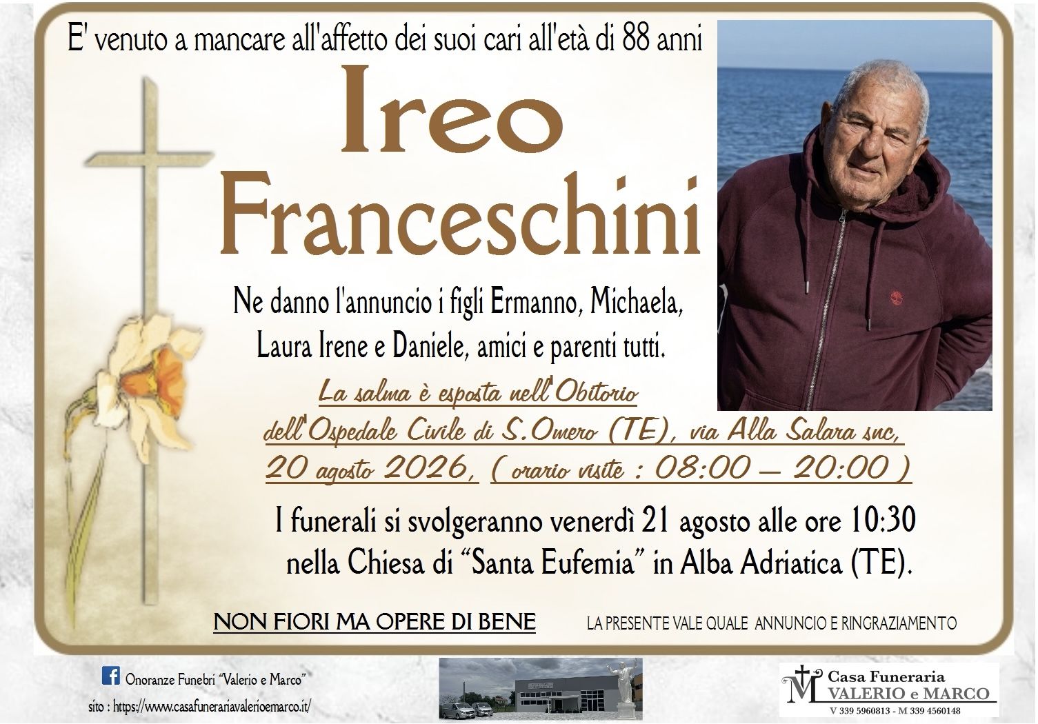 necrologio di Ireo Franceschini Casa Funeraria Agenzia Onoranze Funebri Valerio e Marco Teramo Val Vibrata
