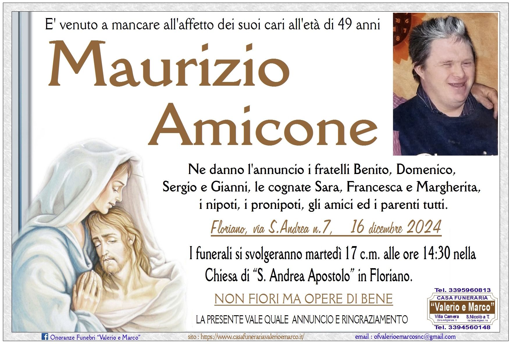 necrologio di Maurizio Amicone Casa Funeraria Agenzia Onoranze Funebri Valerio e Marco Teramo Val Vibrata