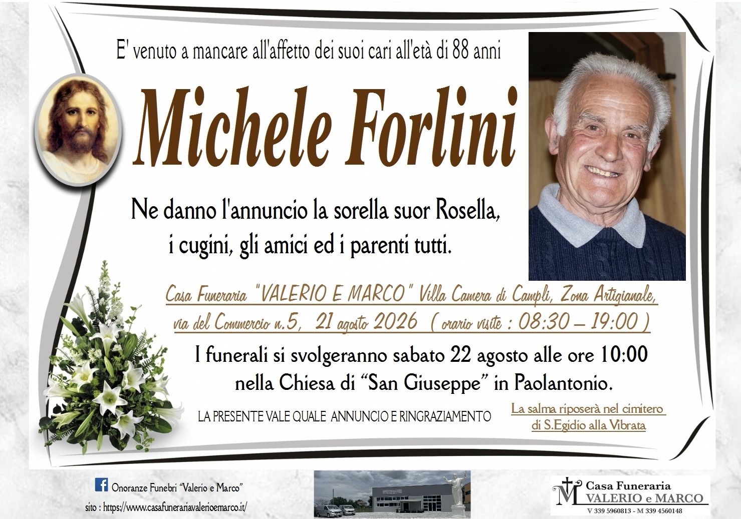 necrologio di Michele Forlini Casa Funeraria Agenzia Onoranze Funebri Valerio e Marco Teramo Val Vibrata