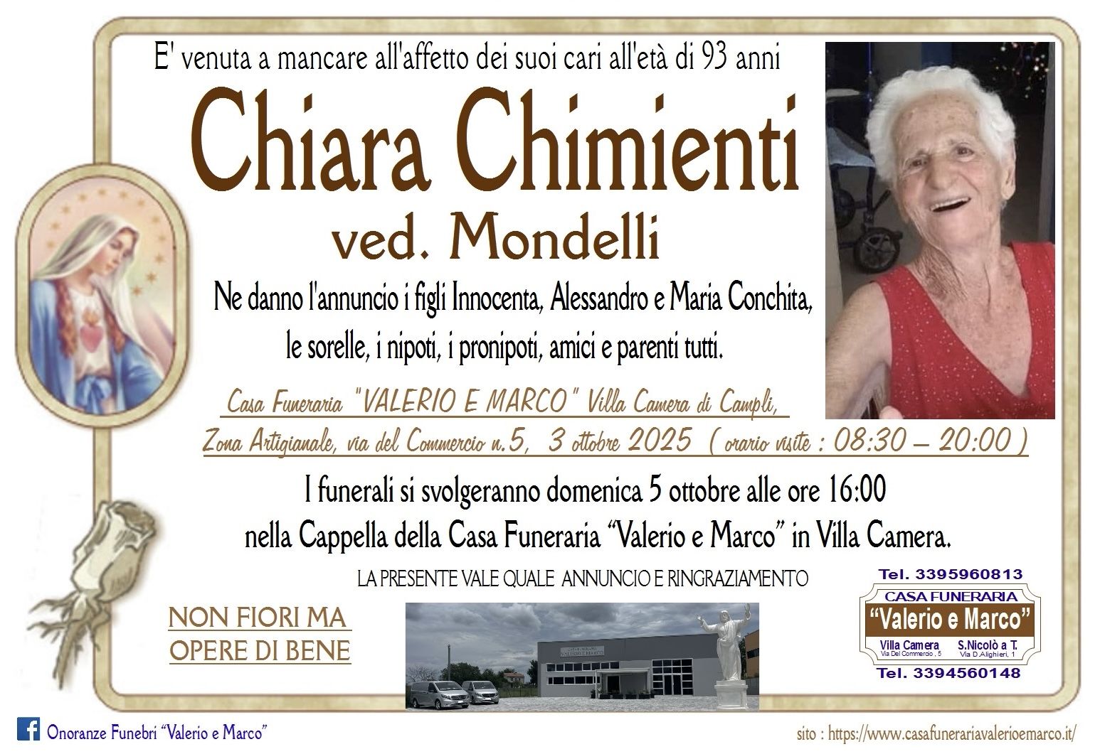 necrologio di Chiara Chimienti Casa Funeraria Agenzia Onoranze Funebri Valerio e Marco Teramo Val Vibrata