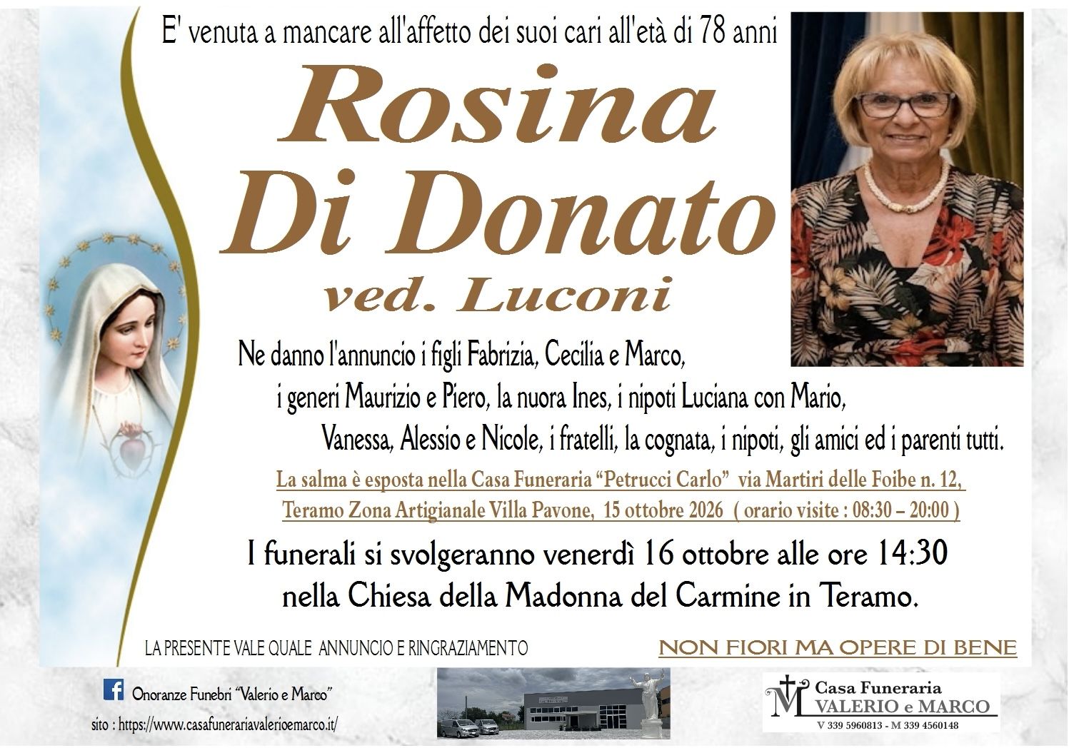 necrologio di Rosina Di Donato ved. Luconi Casa Funeraria Agenzia Onoranze Funebri Valerio e Marco Teramo Val Vibrata
