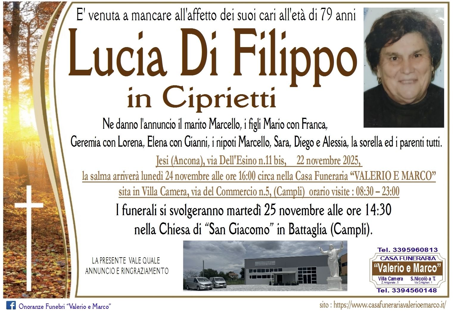 necrologio di Lucia Di Filippo Casa Funeraria Agenzia Onoranze Funebri Valerio e Marco Teramo Val Vibrata