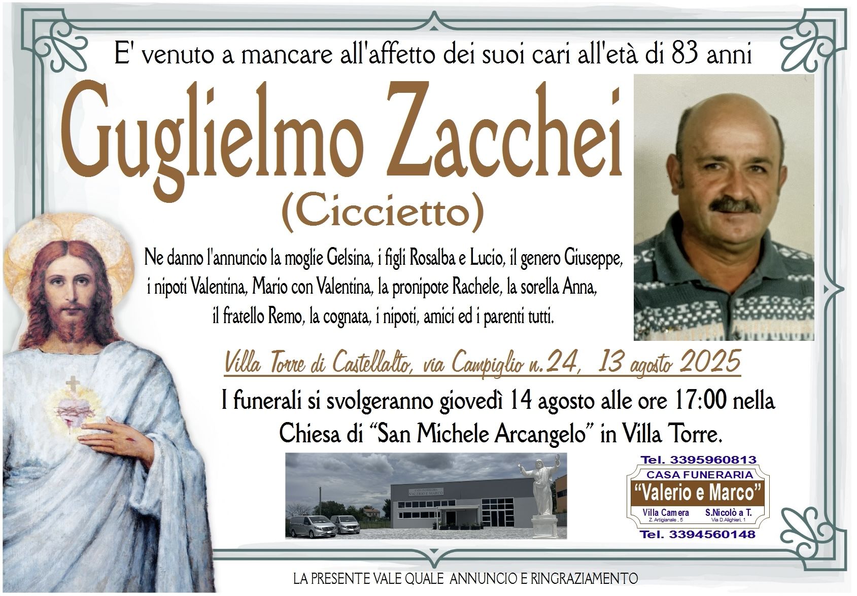 necrologio di Guglielmo Zacchei Casa Funeraria Agenzia Onoranze Funebri Valerio e Marco Teramo Val Vibrata
