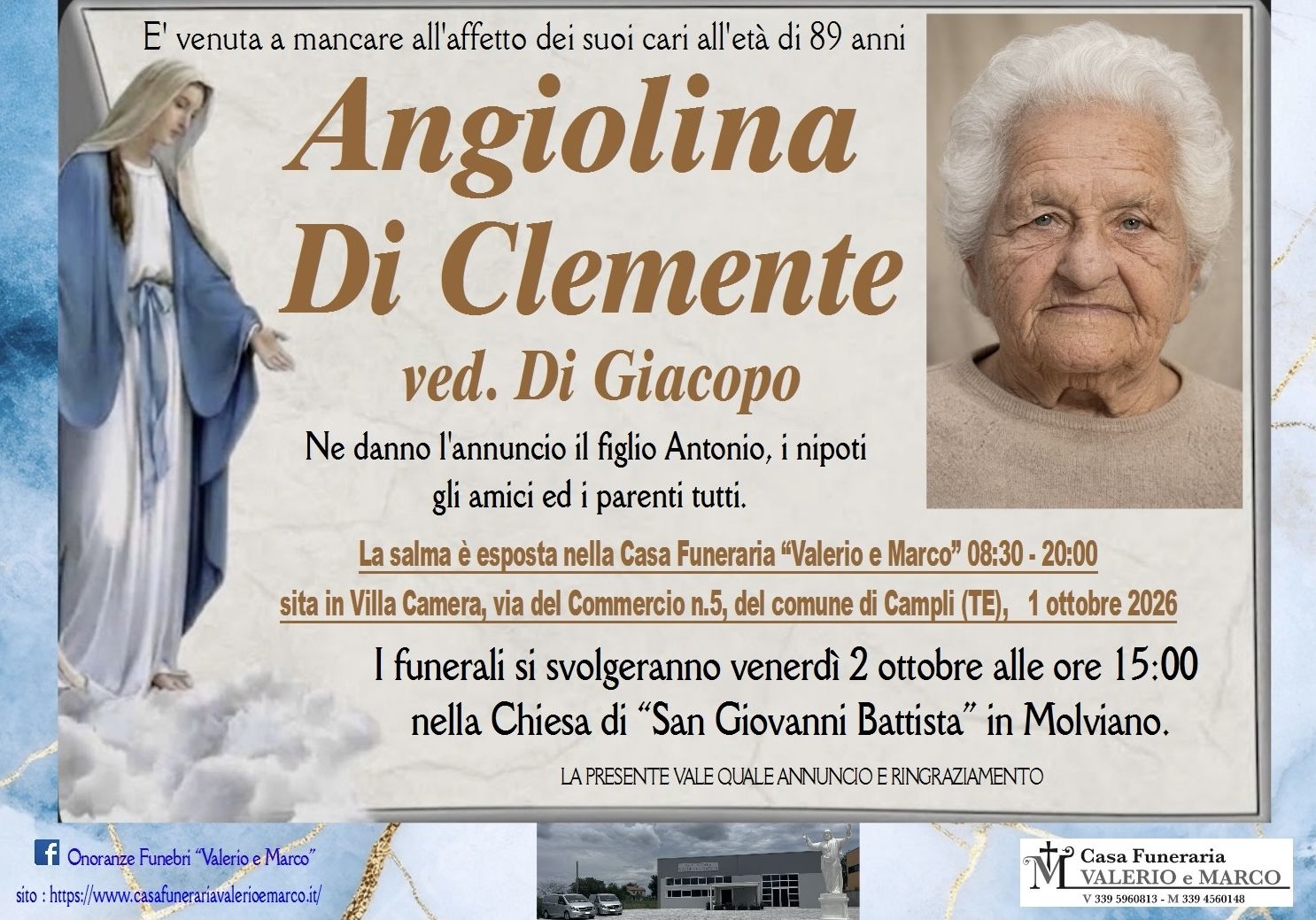 necrologio di Angiolina Di Clemente ved. Di Giacopo Casa Funeraria Agenzia Onoranze Funebri Valerio e Marco Teramo Val Vibrata