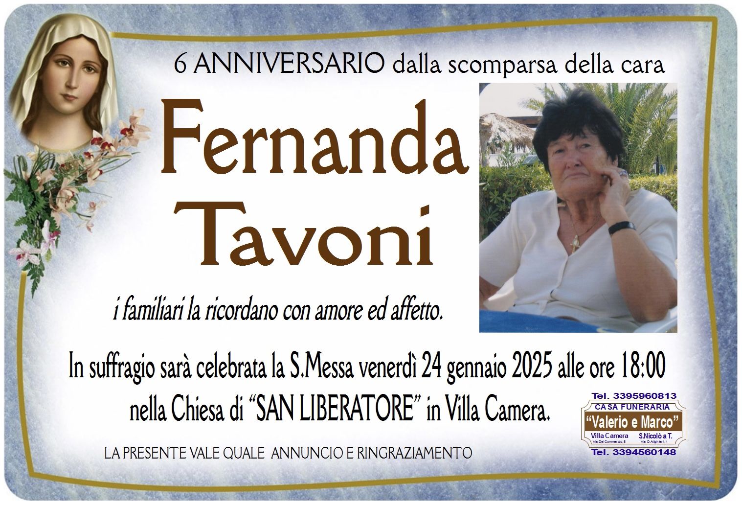 anniversario di Fernanda Tavoni Casa Funeraria Agenzia Onoranze Funebri Valerio e Marco Teramo Val Vibrata