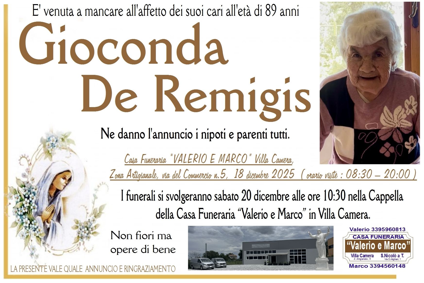 necrologio di Gioconda De Remigis Casa Funeraria Agenzia Onoranze Funebri Valerio e Marco Teramo Val Vibrata