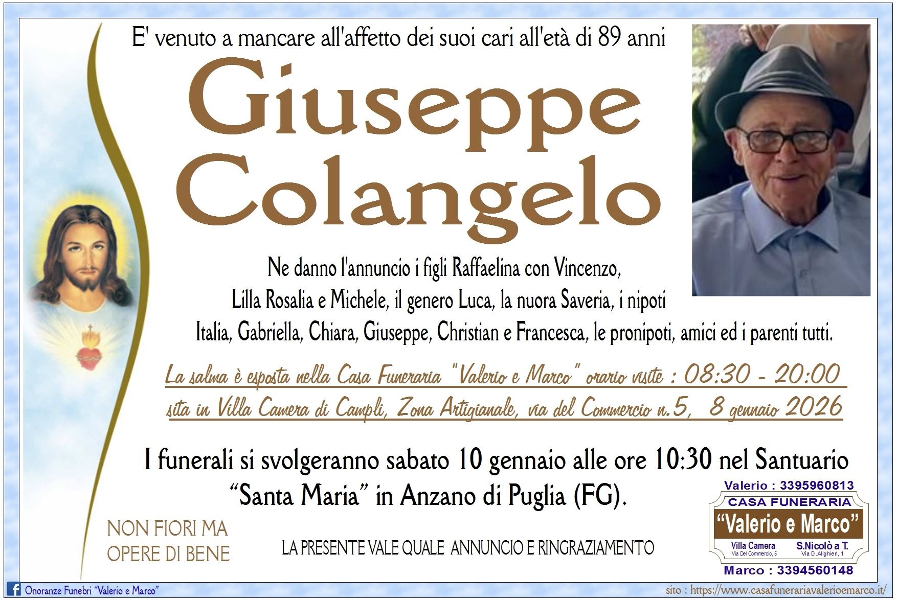 necrologio di Giuseppe Colangelo Casa Funeraria Agenzia Onoranze Funebri Valerio e Marco Teramo Val Vibrata